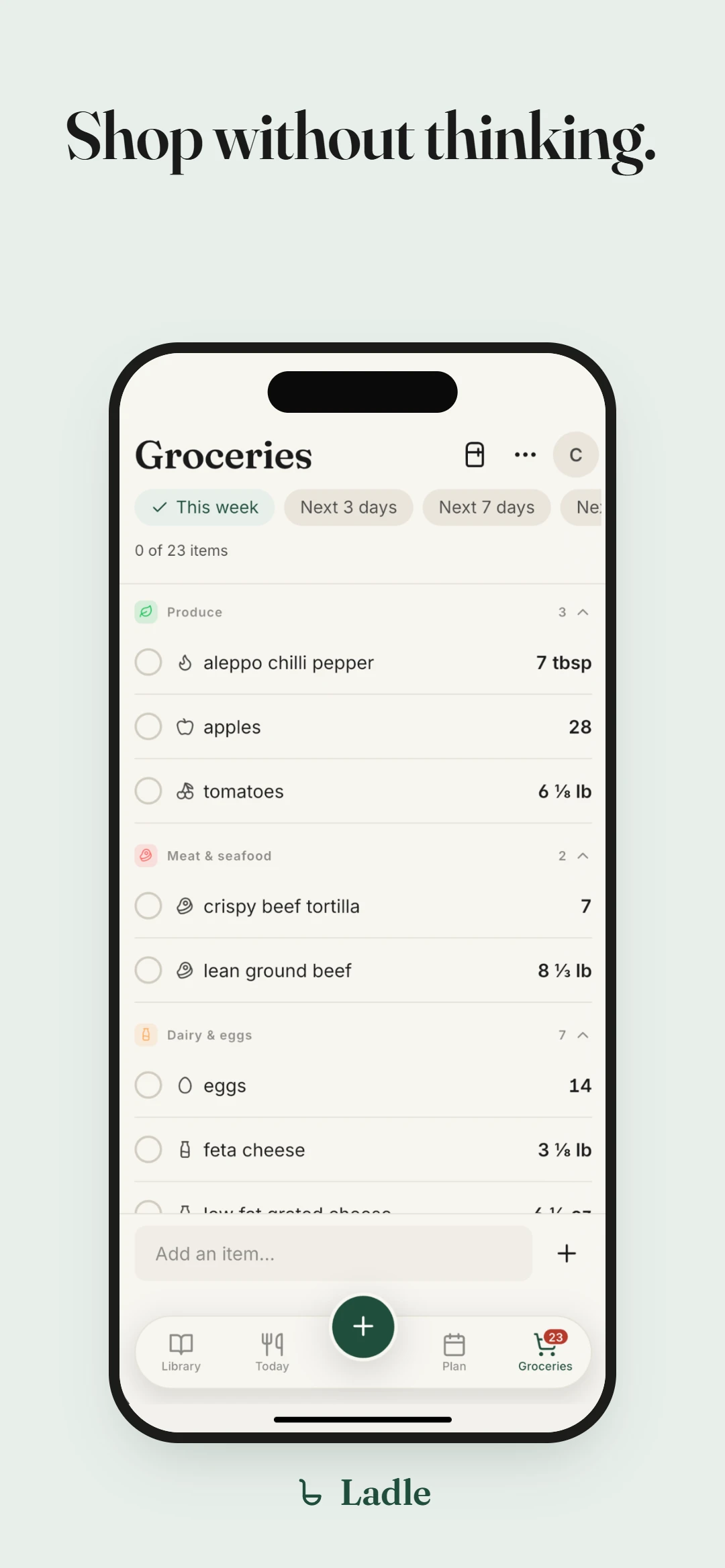 The grocery list sorted by aisle, with quantities merged across recipes.