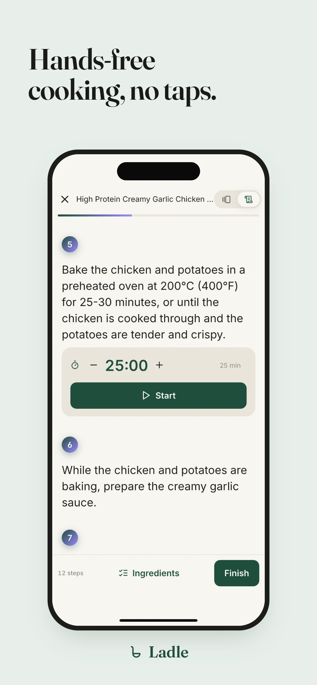 Hands-free cooking, no taps. Cook mode showing one recipe step at a time.