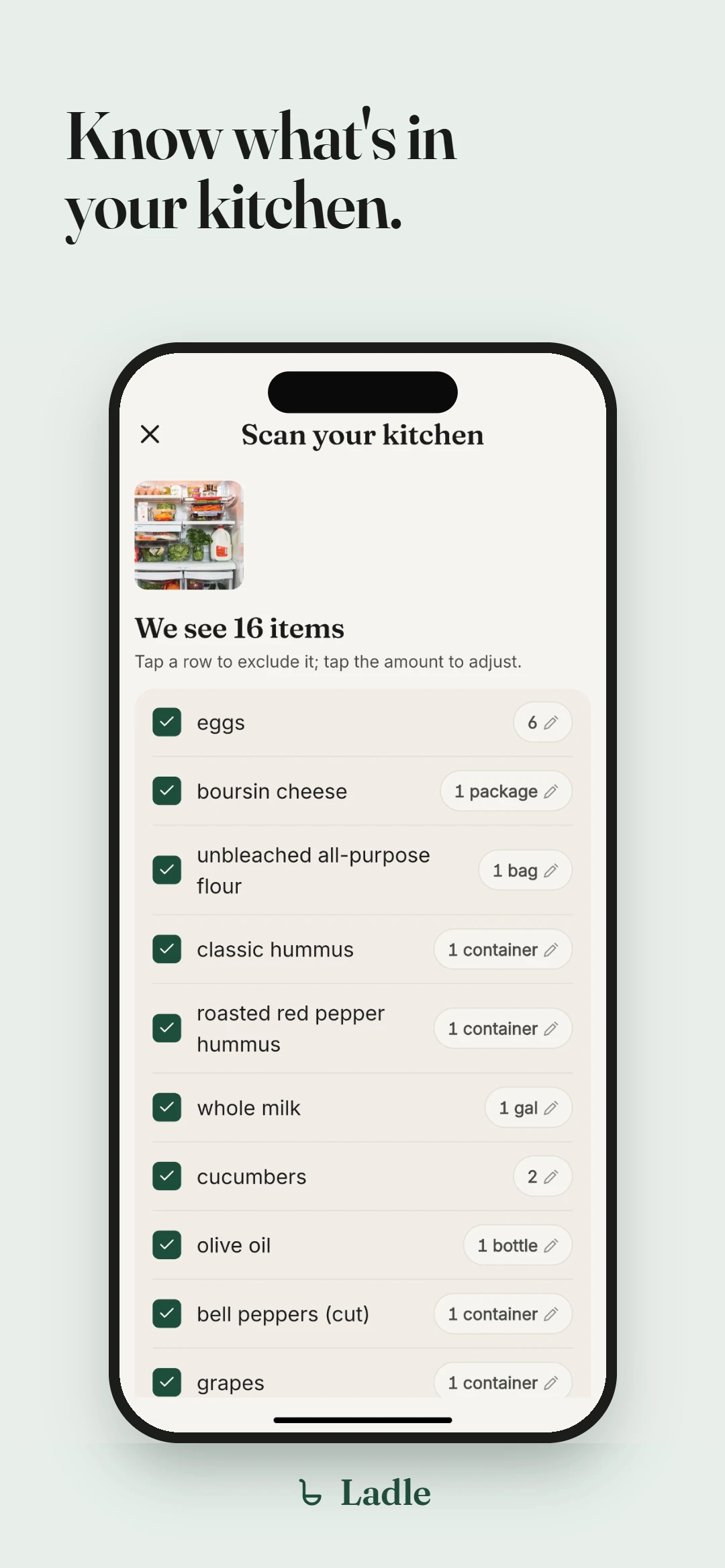 Know what is in your kitchen. A pantry view listing items detected from a photo.