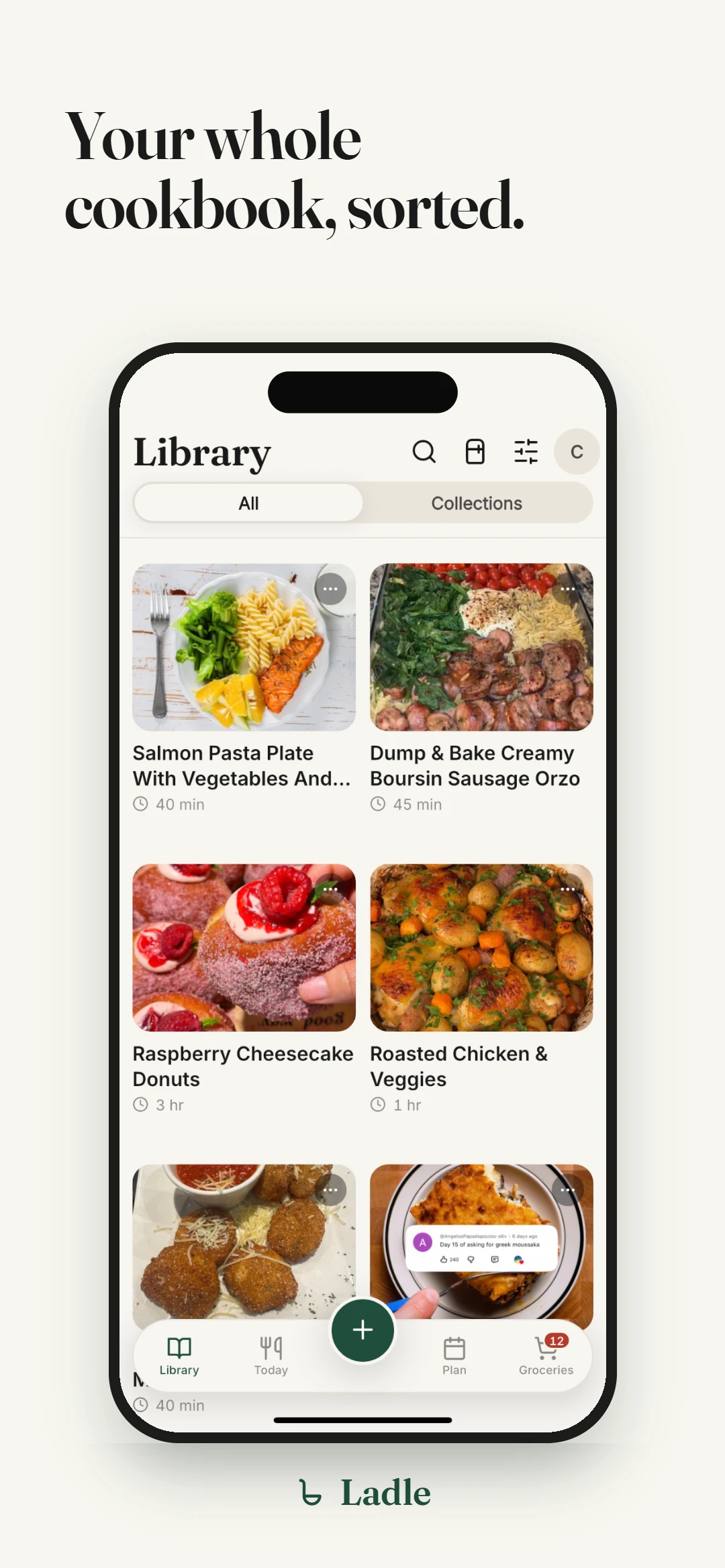 Your whole cookbook, sorted. The recipe library, a grid of saved recipes with cook times.
