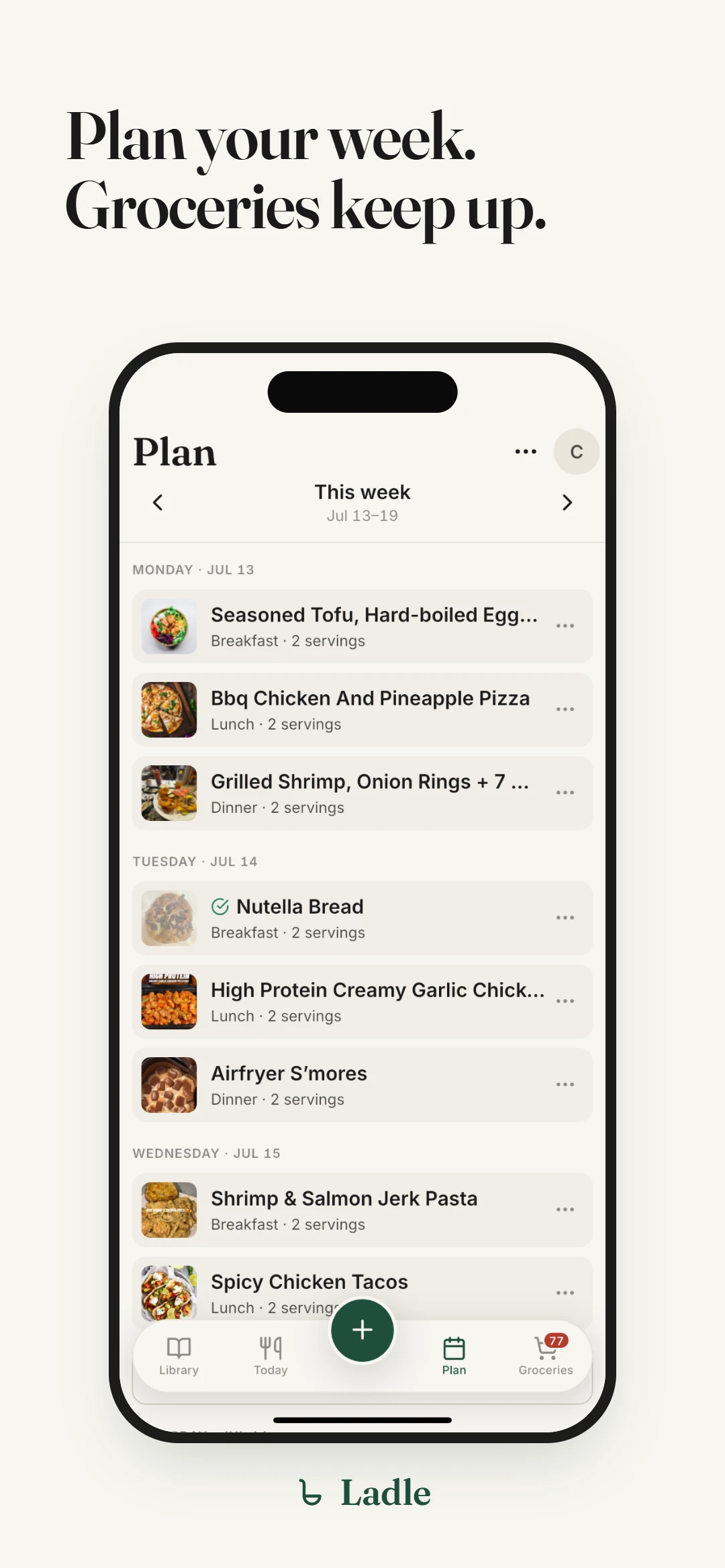 The weekly plan beside a grocery list that updates itself.