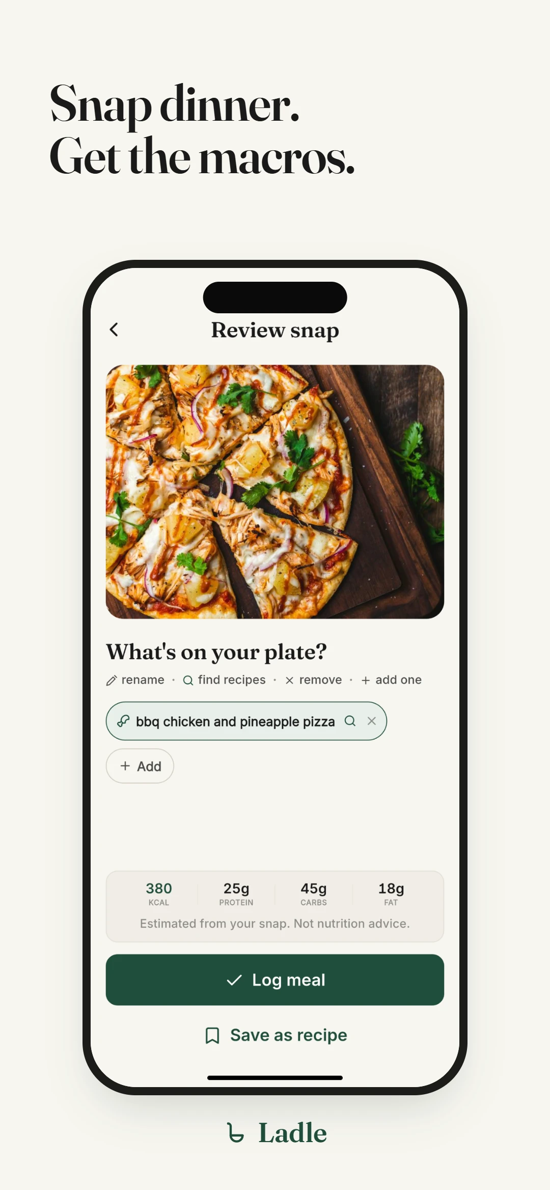 Reviewing a snapped meal with its calories and macros estimated.